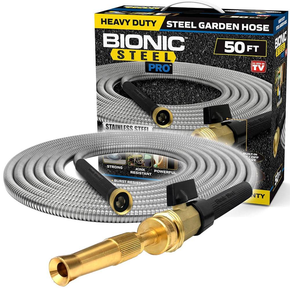 Bionic Steel Pro 5/8 in. x 50 ft. Heavy-Duty Stainless Steel Garden Hose  with Brass Fitting 2428 - The Home Depot
