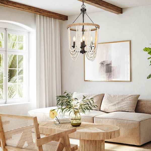 4-Light Bronze Chandelier with White Wood Beads