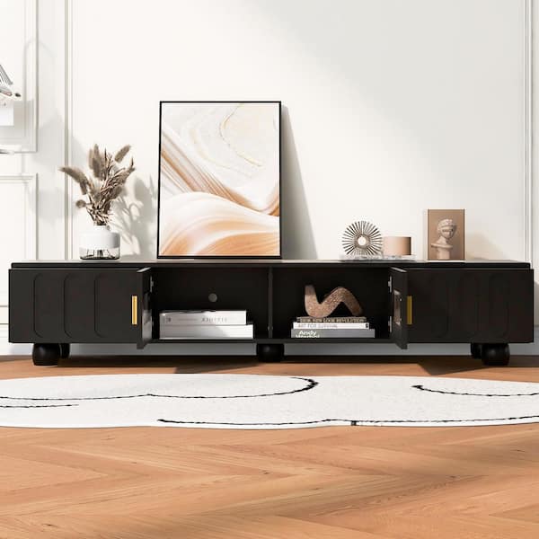 Black 80 in. Modern Wood TV Stand with Glass Doors and 2 Drawers, Solid Wood Legs, for Living Room(Max TV Size 80 in.)