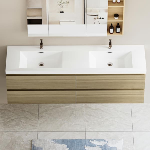 72 in. W Floating Bathroom Vanity in Natural Oak with White Resin Top Basin, 4 Soft Close Drawers