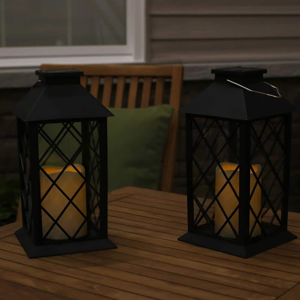 Black Solar LED Flameless Candle Lantern Set of 2