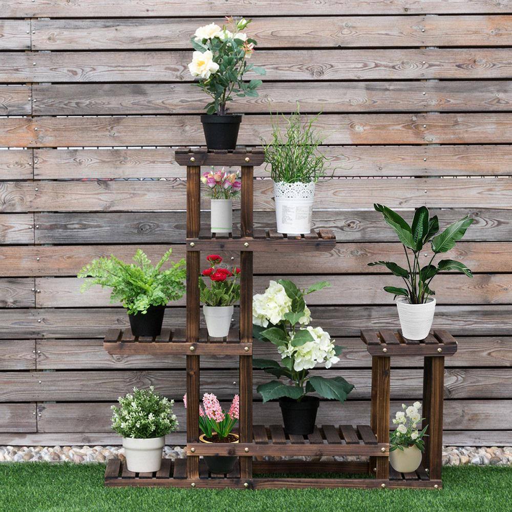 Dark Brown Multi-Tier Wooden Corner Plant Stand