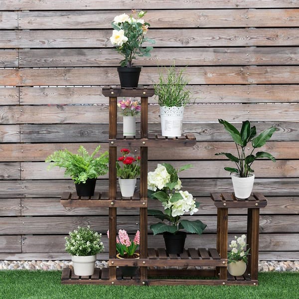 44 in. L x 10 in. W x 38 in. H (L x W x H) Tiered Indoor Outdoor Brown Wood Plant Stand (6-Tiers) Display Stand