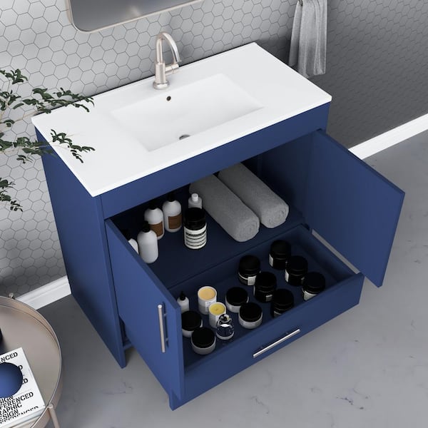 Pacific 36 in. W x 18 in. D x 34 in. H Bath Vanity in Navy with White Ceramic Vanity Top with White Basin