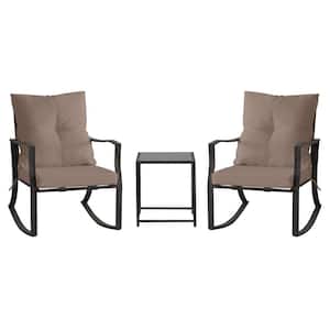 3-Piece Metal Outdoor Bistro Rocking Sets with Glass Coffee Table and Khaki Cushions for Garden, Balcony, Pool, Backyard