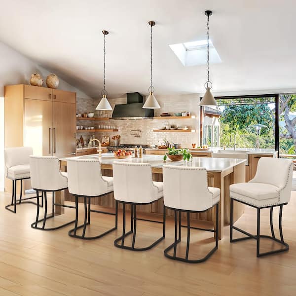 LUE BONA Aurora 26 in. Champagne Chenille Upholstered Counter Height Bar Stool with Double Cushion Counter Stool (Set of 6)