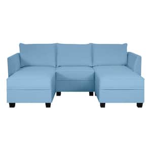 87.01 in. Linen Contemporary Reversible U-Shaped Sectional Sofa with Double Ottoman Living Room Set, Robin Egg Blue