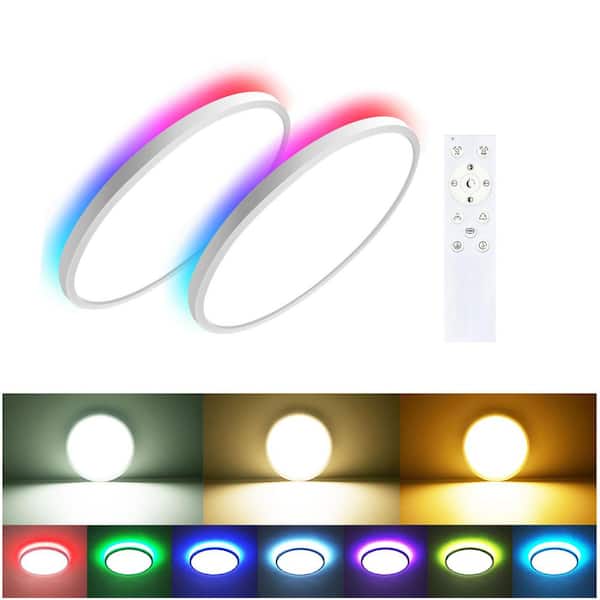 12 in. 28-Watt RGB Selectable LED Flush Mount Ceiling Light, Color Changing Backlight with Remote for Bedroom 2-Pack