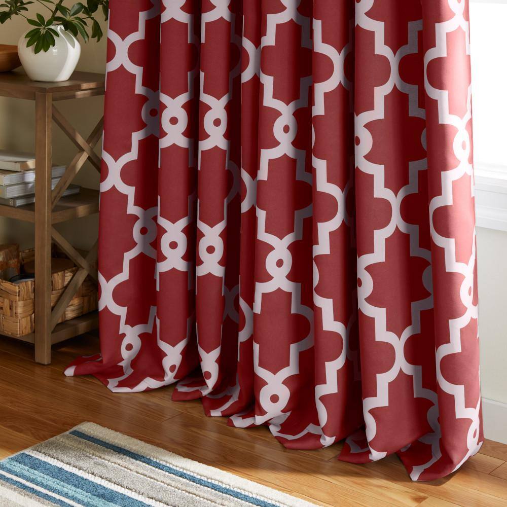 Burgundy and White Geometric Blackout Grommet Curtains