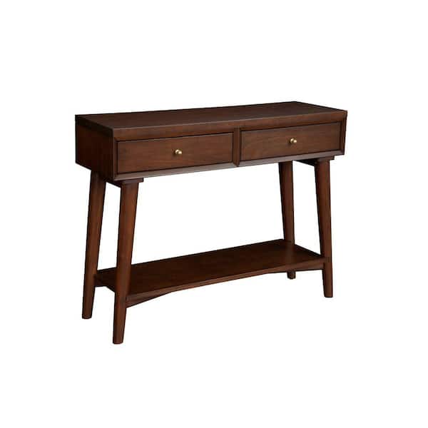 Benjara 14 in. Brown Rectangle Wood Top Console Table with 2 Drawers and Angled Legs