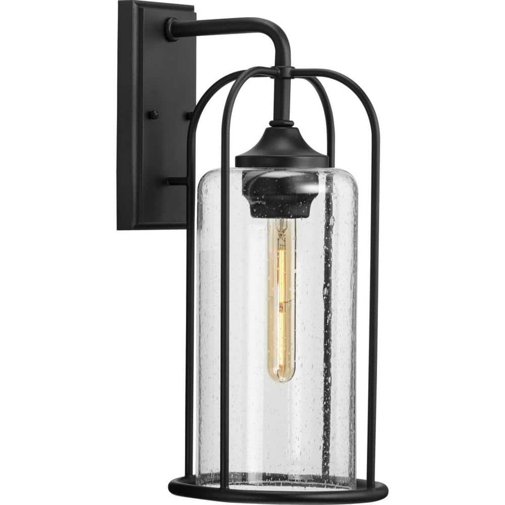 Watch Hill Collection 1-Light Textured Black Clear Seeded Glass Farmhouse Outdoor Large Wall Lantern Light price history on PriceWatchPro