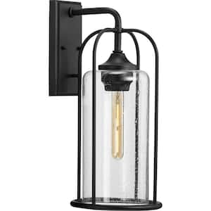 Watch Hill Collection 1-Light Textured Black Clear Seeded Glass Farmhouse Outdoor Large Wall Lantern Light