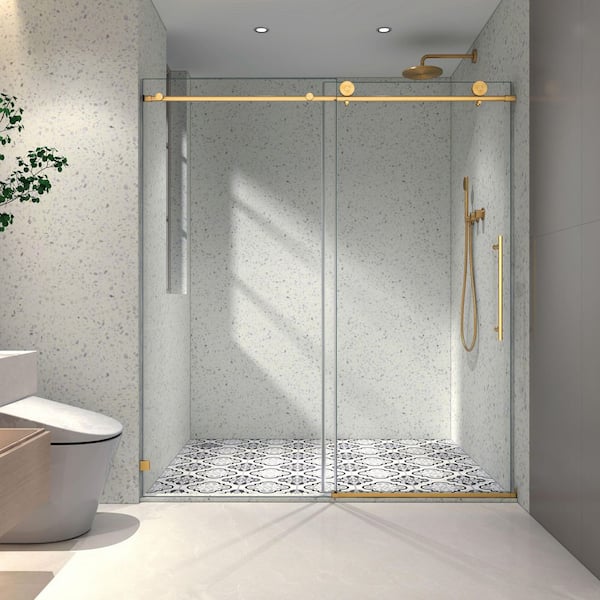 60 in. W x 76 in. H Soft-Closing Sliding Frameless Shower Door with 5/16 in. Clear Glass in Brushed Gold