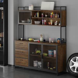 Kitchen Brown Wood Cabinets With Metal Mesh Doors, 3-Drawers, 6 Shelves (59 in. W x 15.7 in. D x 68.5 in. H)