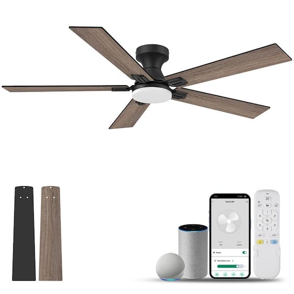52 in. Smart Outdoor Indoor Black Ceiling Fan with LED Lights, Remote, Voice Control via Alexa, Dimmable, Quite DC Motor