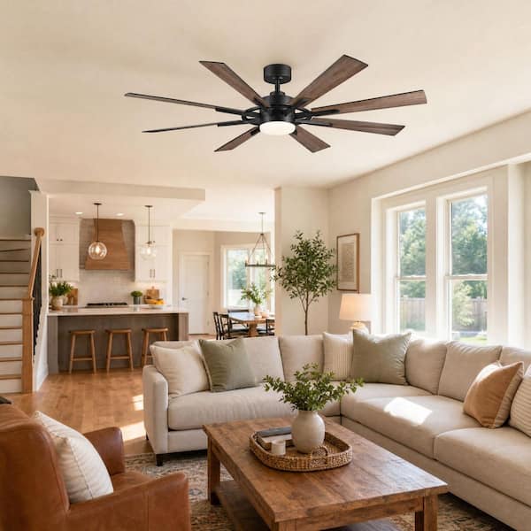 メラブライト Merra 60 in. Indoor Matte Black and Oak 8-Blade Ceiling Fan with