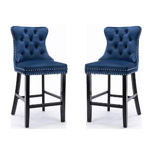 Velvet Upholstered Barstools Leisure Style Bar Chairs with Wood Legs, Nailhead Trim and Button Tufted Back (Set of 2）