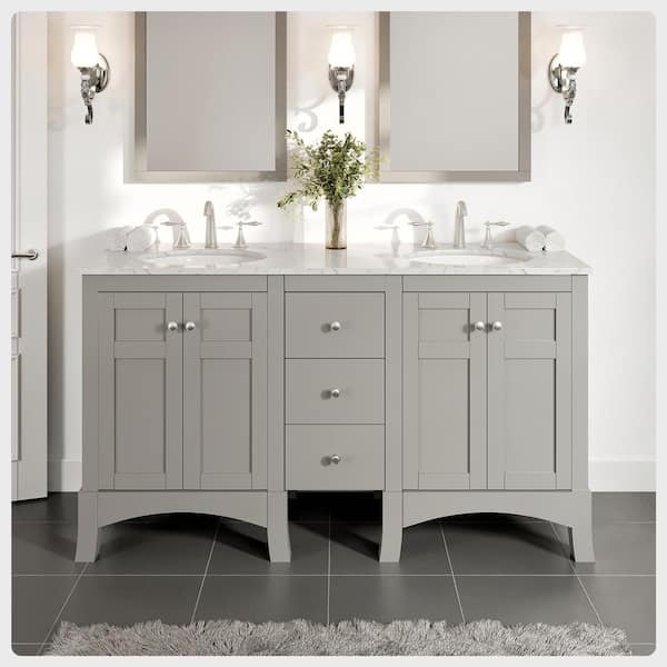 Eviva New York 60 in. Double Sink Gray Bath Vanity with White Carrara Marble Top (Assembled)