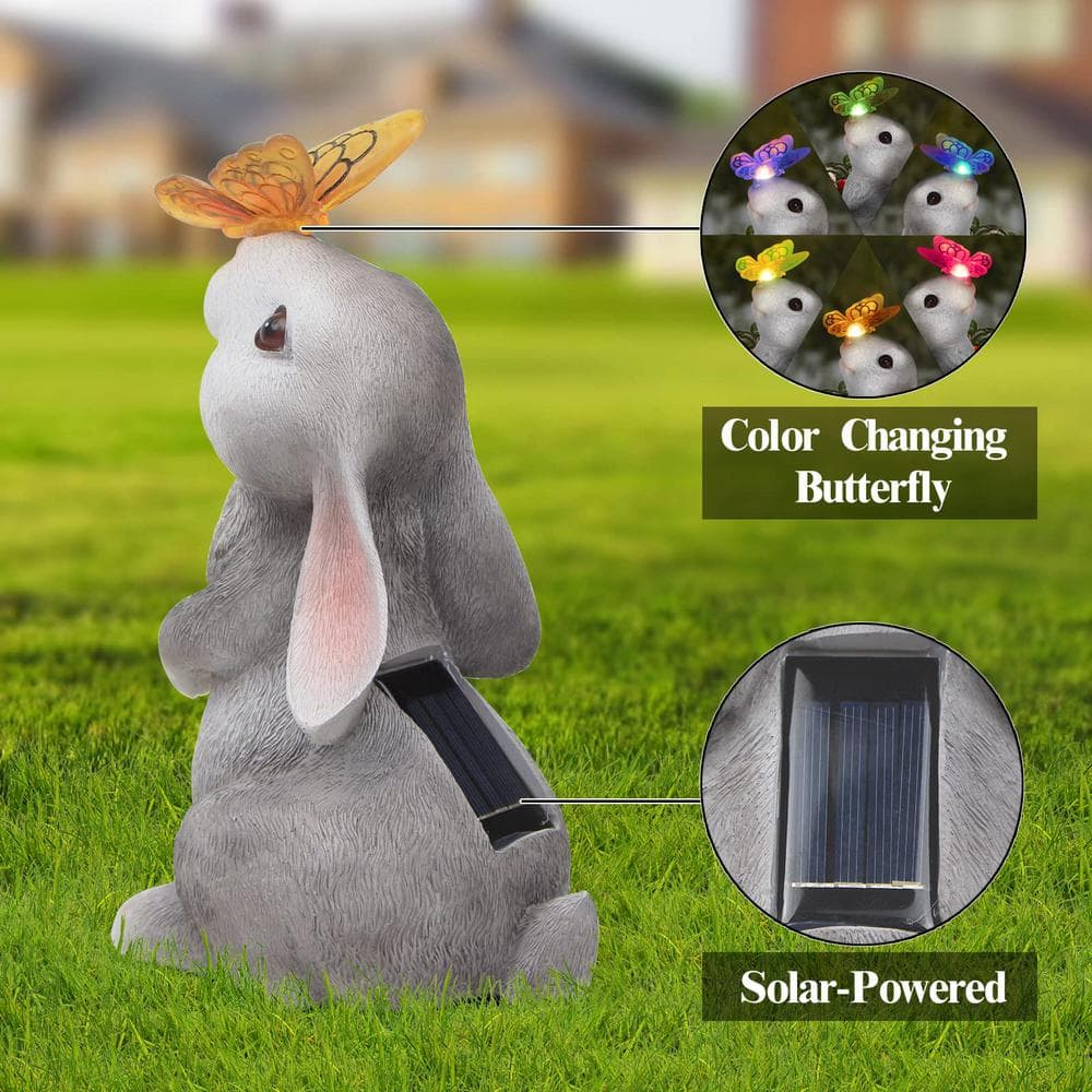 Gray Resin Rabbit with Solar Butterfly Garden Statue