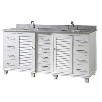 Ultimate Shutter 72 in. Vanity in White with Carrara White Marble Vanity Top with white basins