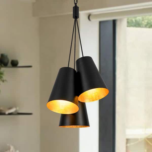 Plano 3-Light 14.2 in.W Matte Black Cord Pendant Light with Drum Metal Cover for Kitchen/Living Room