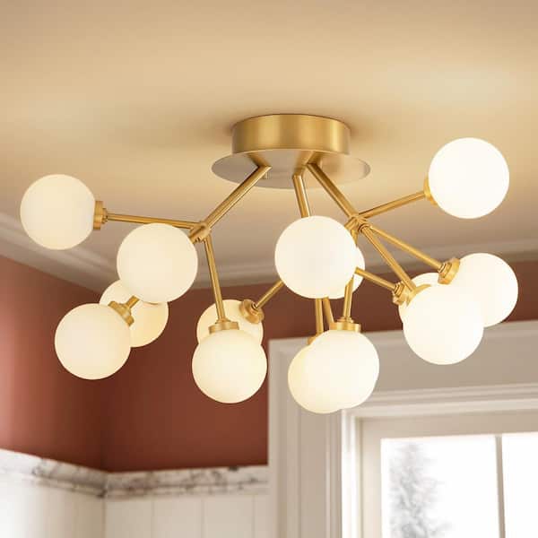 Allegra 15-Light Gold Modern Sputnik Cluster Frosted Opal Glass Globe Bubble Semi-Flush Mount LED Light
