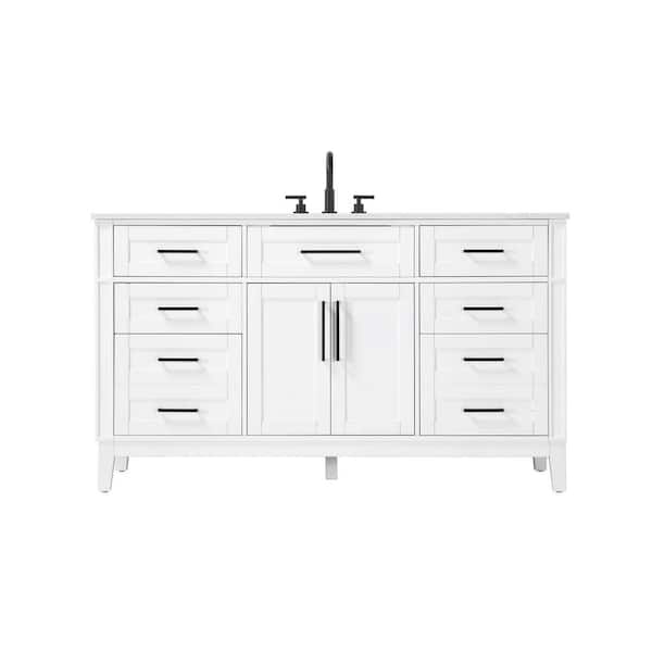 60 in. Single Sink Freestanding White Bath Vanity with Marble White Engineered Marble Top