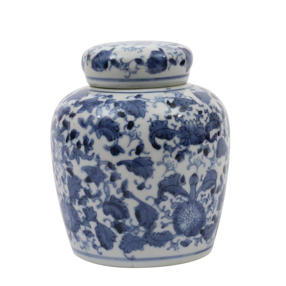 Blue and White Ceramic Ginger Jar with Lid, 6.5"