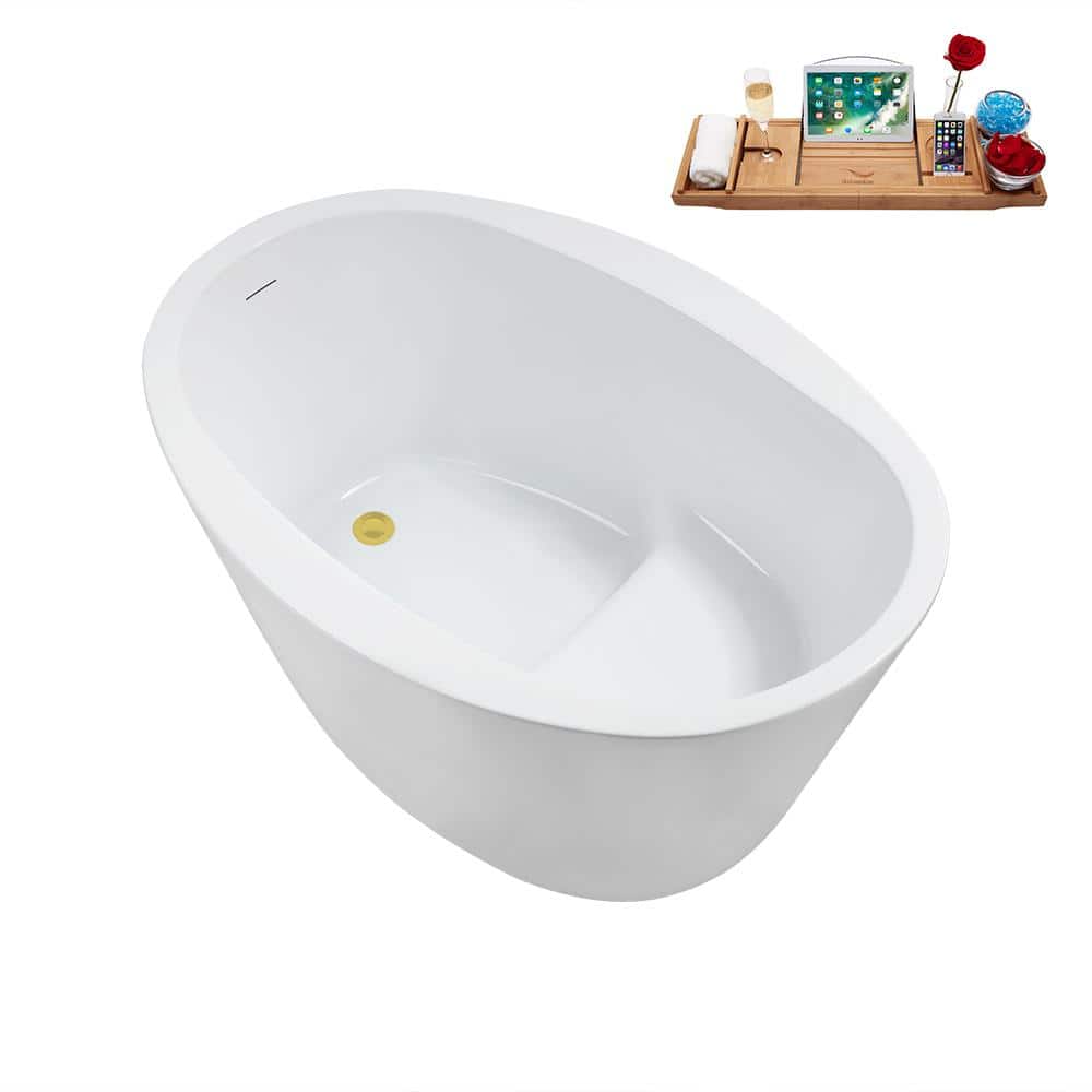Glossy White Acrylic Freestanding Soaking Bathtub with Brushed Gold Drain