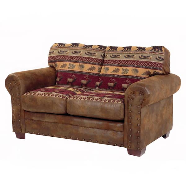 American Furniture Classics Sierra Lodge 67 in. Brown/Rust Pattern Microfiber 3-Seater Loveseat with Nailheads
