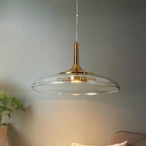 Modern Minimalist 12.2 in. 1-Light Brass Integrated LED Island Pendant Light with Barn Clear Glass Shade for Dining Room