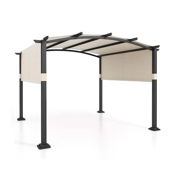 10 ft. x 10 ft. Beige Outdoor Pergola Modern Arched Patio Garden Shelter with Retractable Sunshade Canopy
