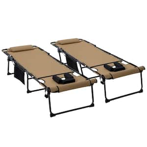 Beige 2 Piece Outdoor Folding Chaise Lounge with 5-level Reclining Back, Reading Face Hole, Side Pocket and Headrest