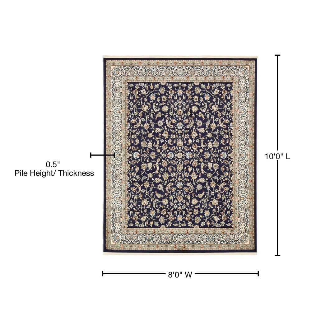 Navy Blue and Beige Floral Synthetic 8x10 Area Rug