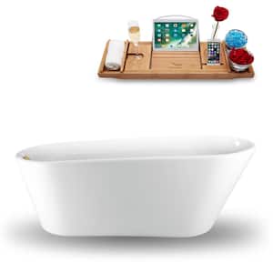 65 in. x 30 in. Acrylic Freestanding Soaking Bathtub in Glossy White with Brushed Brass Drain