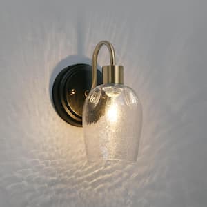 Hammer Glass Black Indoor Wall Sconce, 4.7 in. 1-Light Brass Gold Bathroom Vanity Lighting, Modern Wall Light Fixture