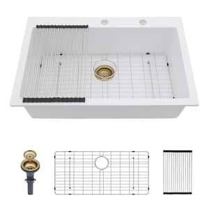 33 in. Drop-In/Topmount Deep Single Bowl Sink White Quartz Composite Kitchen Sink 2 Holes Round Corner with Bottom Grid