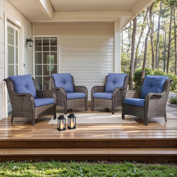 moosprr Curved Arm Patio Brown Wicker Outdoor Lounge Chair with Blue Olefin Cushions and Curved Armrest (4-Piece)