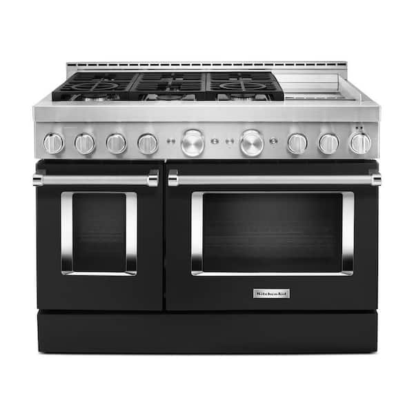 KitchenAid 48 in. 6.3 cu. ft. Smart Double Oven Commercial-Style Gas Range with Griddle and True Convection in Imperial Black