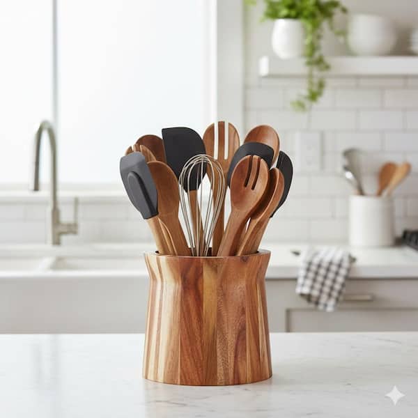 Natural Acacia Wood Utensil Holder Rotating Kitchen Crock Large Capacity Farmhouse Decor Countertop 7.2 x 6