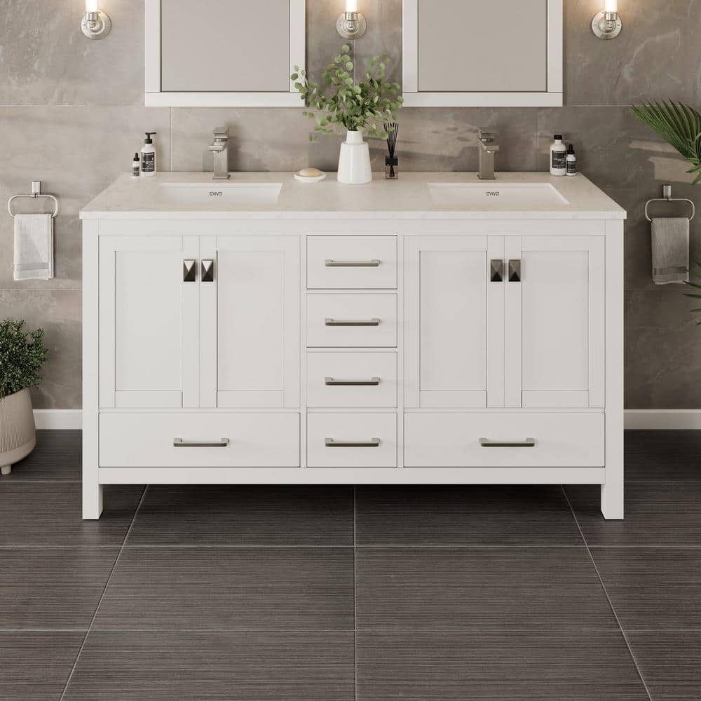 London Double Sink White Bathroom Vanity with Carrara Quartz Countertop