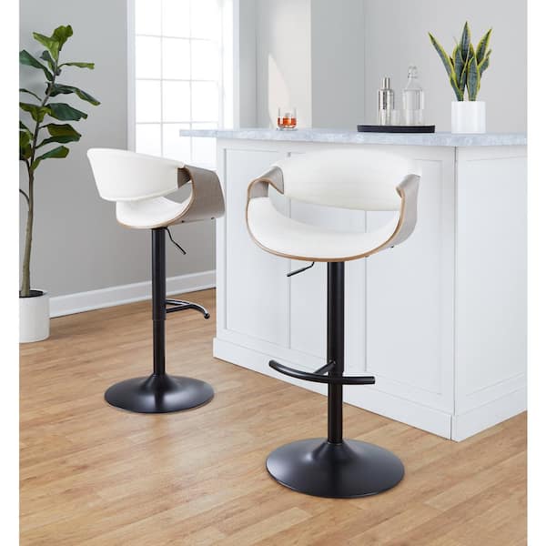 Lumisource Symphony 32.5 in. White Faux Leather, Light Grey Wood and Black Metal Adjustable Bar Stool (Set of 2)