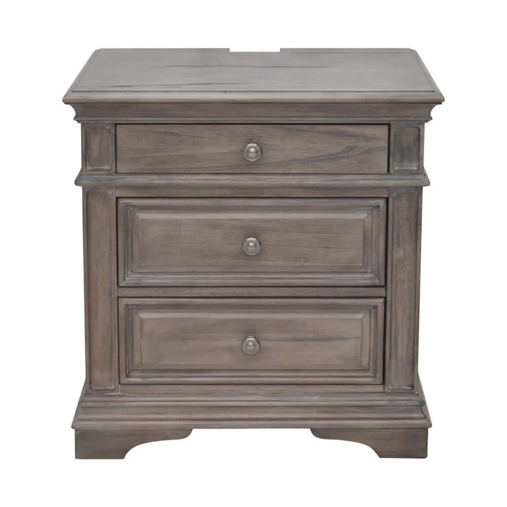 Beige Driftwood 3-Drawer Wood Nightstand with USB Ports