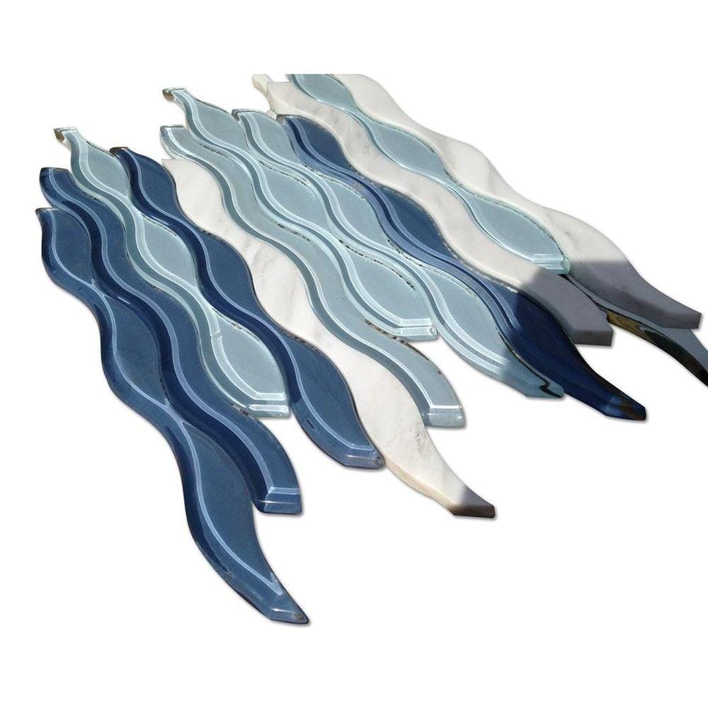 Blue and White Wavy Glass Mosaic Tile
