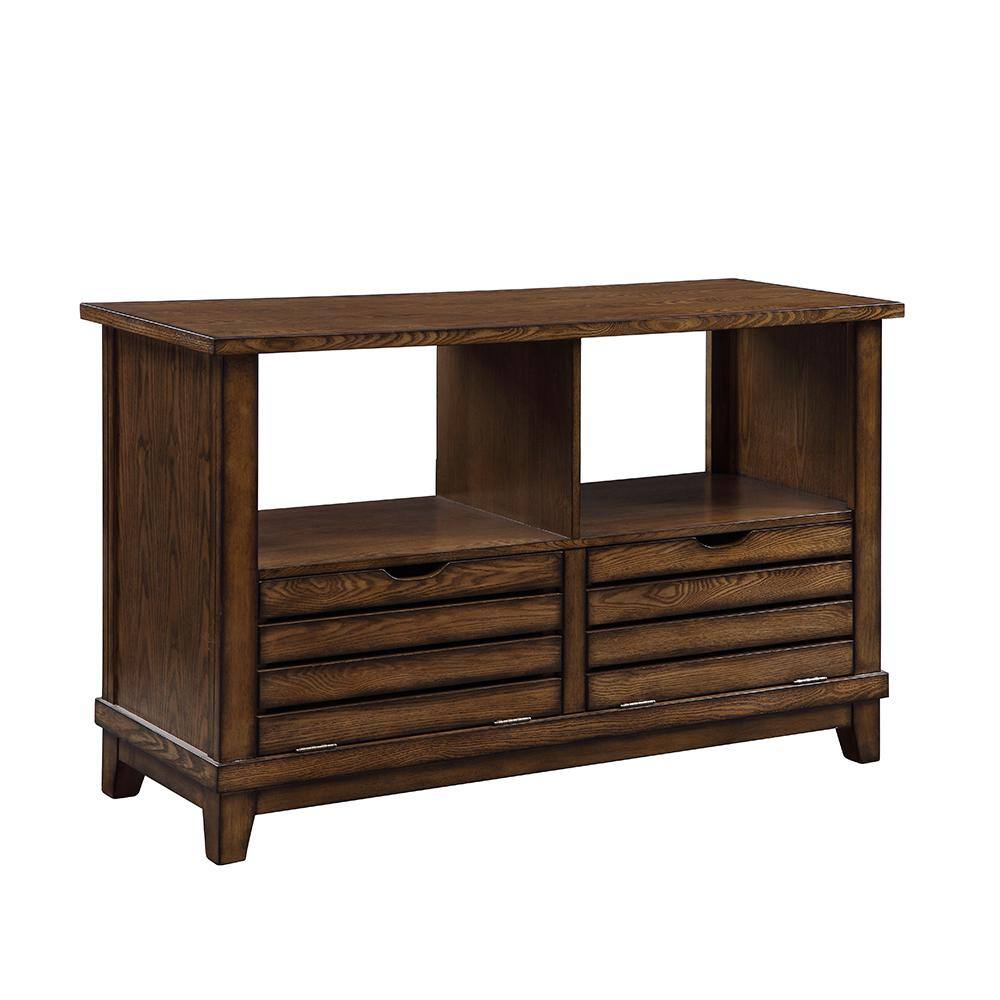 Brown Oak Slatted Front Sofa Table with Storage