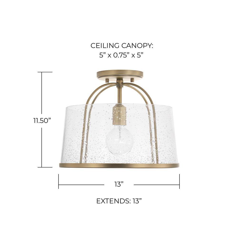 Aged Brass and Clear Seeded Glass Drum Pendant Light