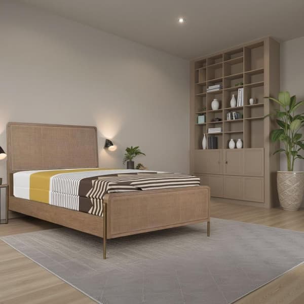 Sea Brown Wood Frame Queen Size Panel Bed with Open Panel and 4-Slats