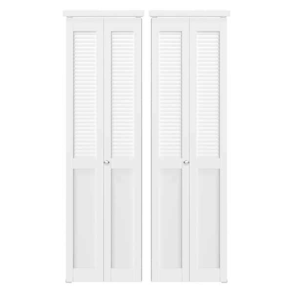 48 in. W. x 80 in. Solid Core, MDF Wood, White, PVC Covering, Half Louver Half Panel MDF Bi-fold Door with Hardware Kits