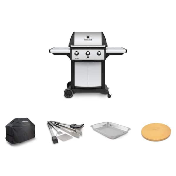 Signet 320 3-Burner Grill, 58 in. Grill Cover, 15 in. Pizza Stone, Tool Set, Roasting Pan Cooking Accessory (6-Piece)