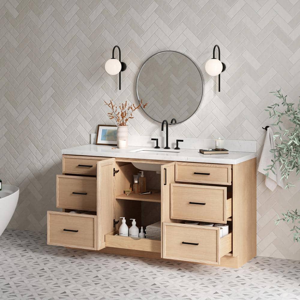 Kelly 66" Light Oak Freestanding Vanity with Carrara Quartz Top
